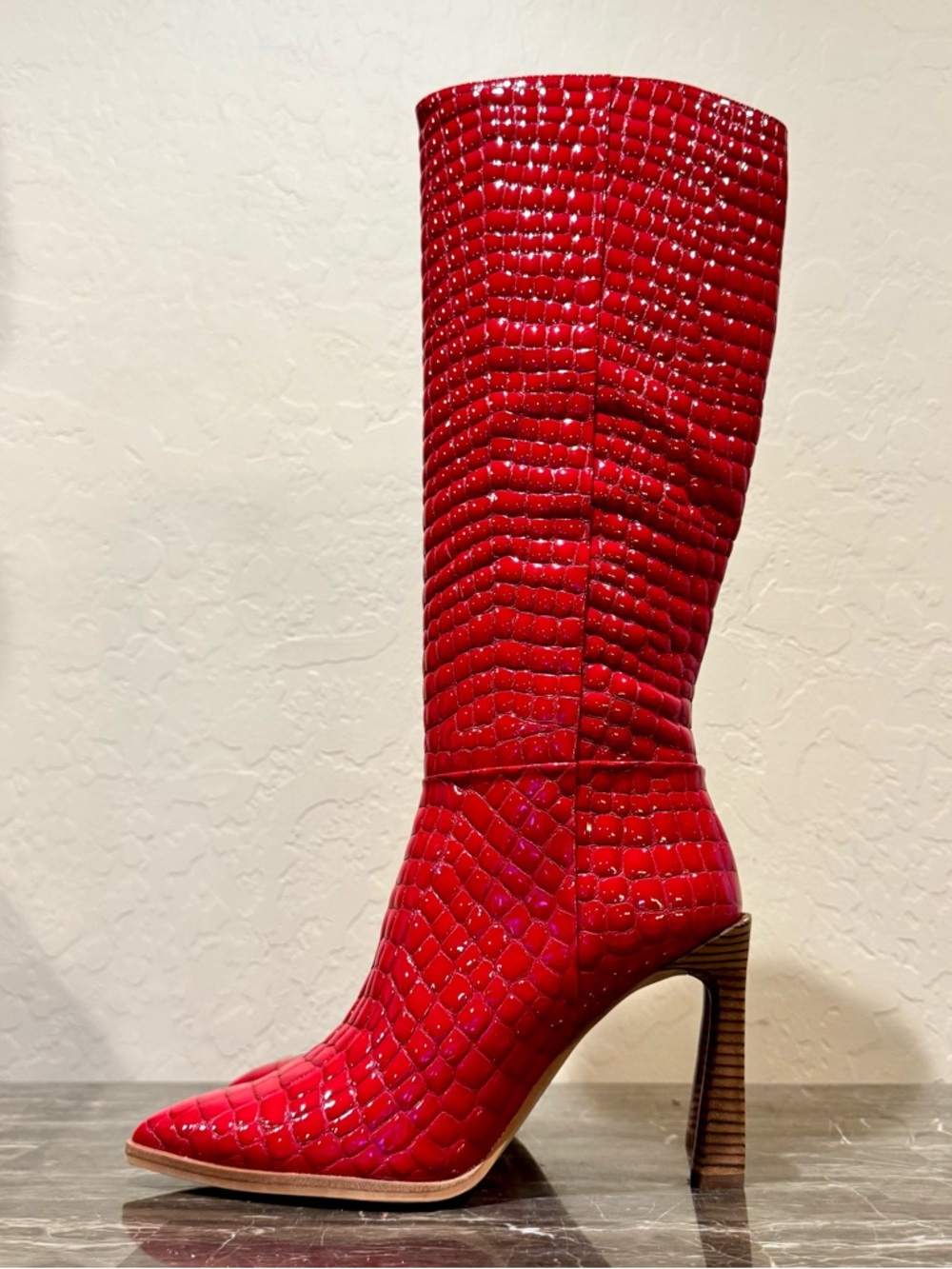 NEW Vince Camuto Pelsna Red Patent Leather Croc Embossed Knee High Boots